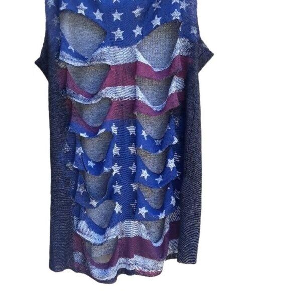 Tank Top M Destroyed Patriotic Flag Stars Distressed Cutouts Blue Red Thrashed - Picture 6 of 8